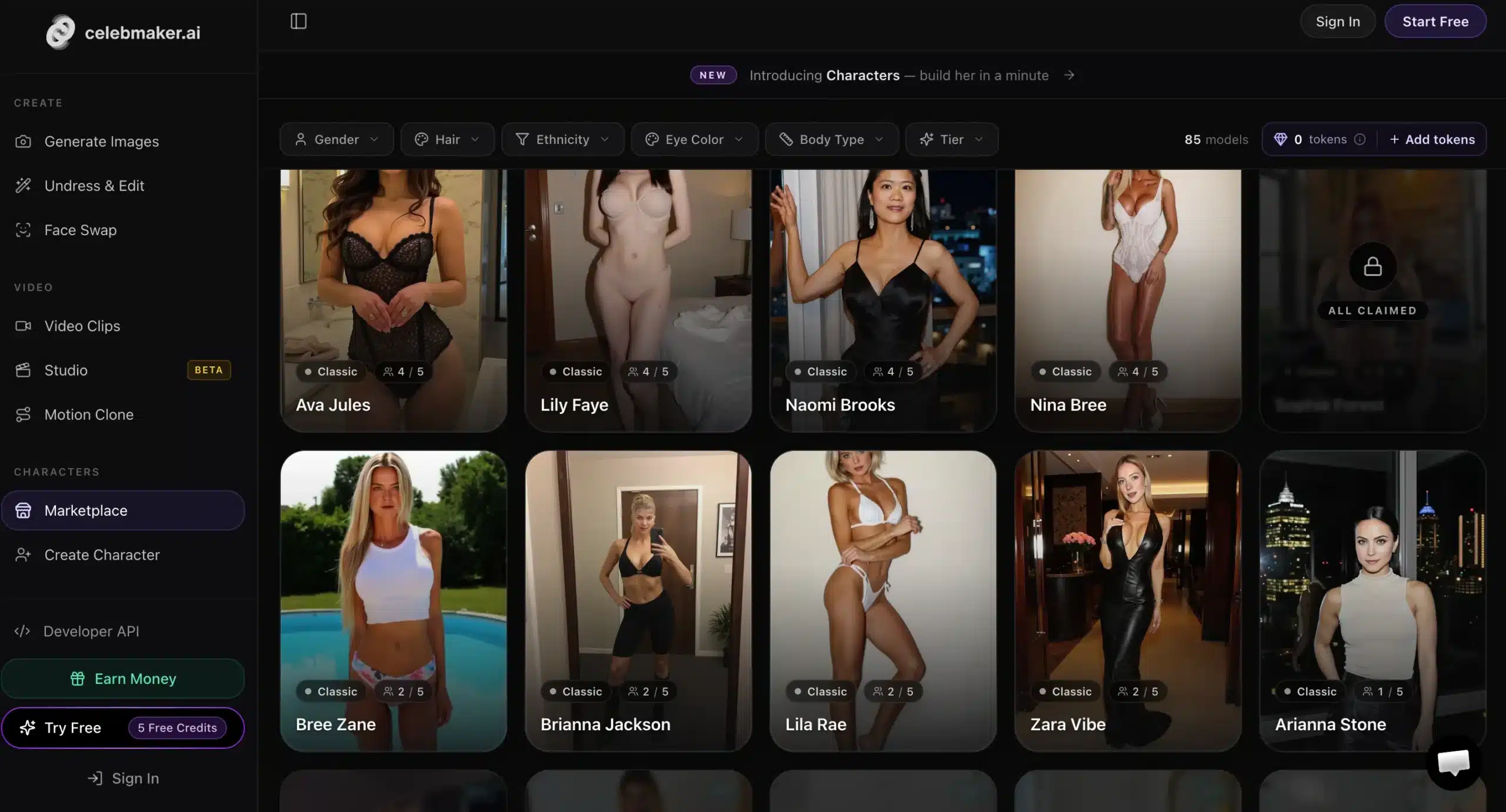 celebmakerai character marketplace page